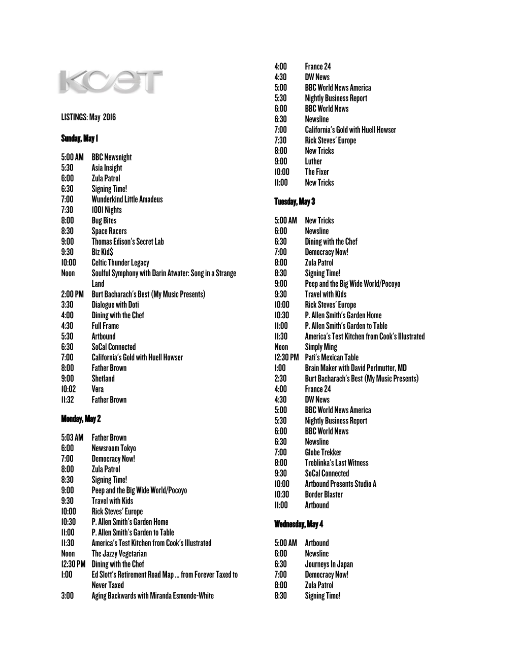 LISTINGS: May 2016 Sunday, May 1 5:00 AM BBC Newsnight 5