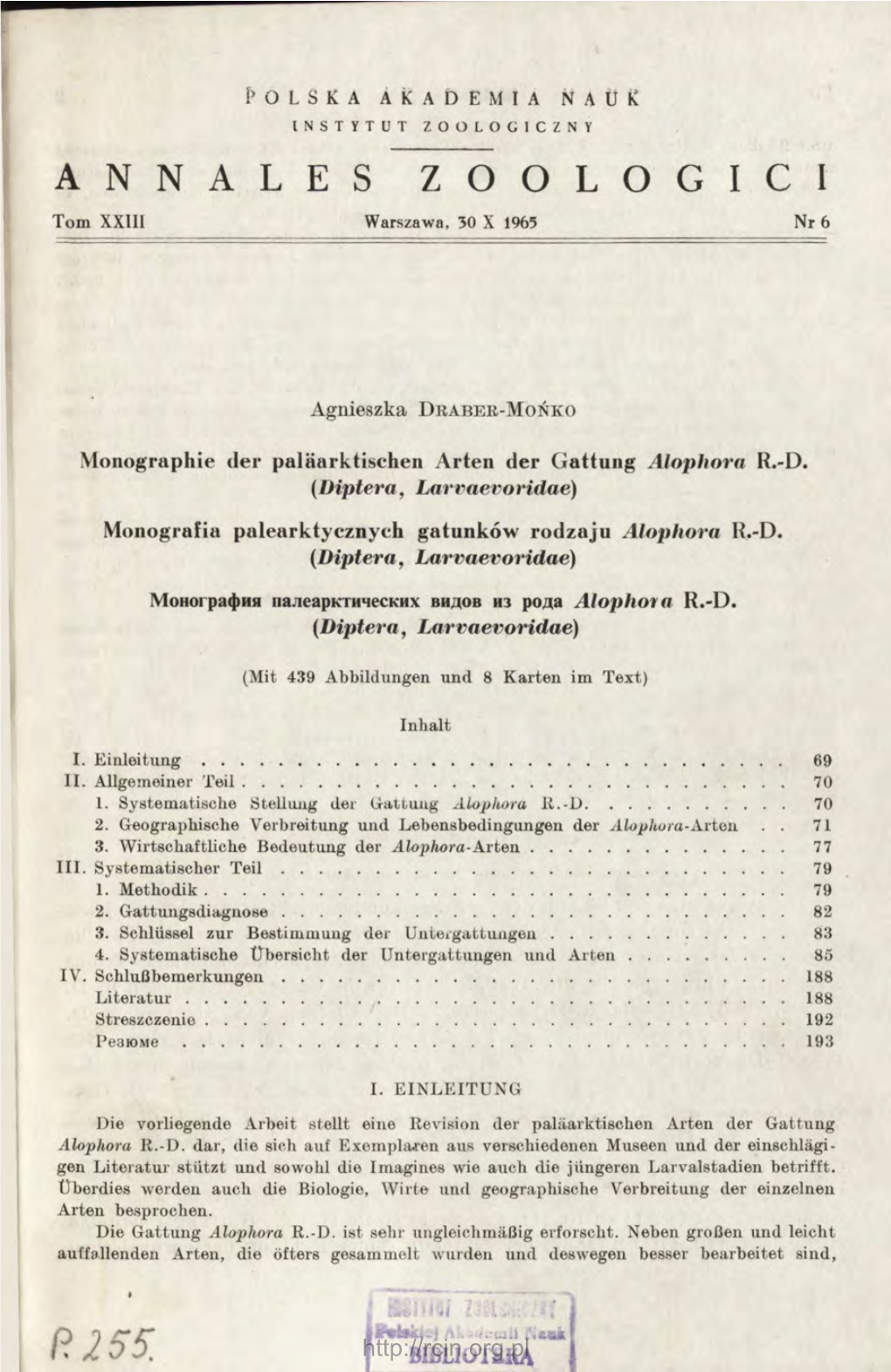 Monografia Palearktycznych Gatunków Rodzaju Alophora R.-D. (Diptera, Larvaevoridae) Монография Палеарктических Видов Из Рода Alophova R.-D