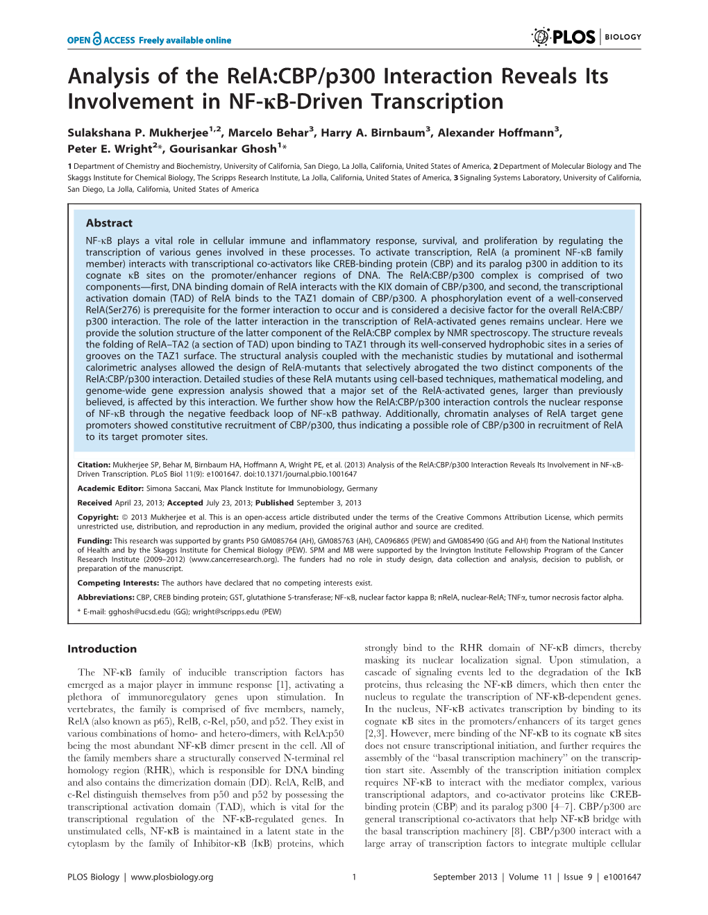 Analysis of the Rela:CBP/P300 Interaction Reveals Its Involvement in NF-Kb-Driven Transcription