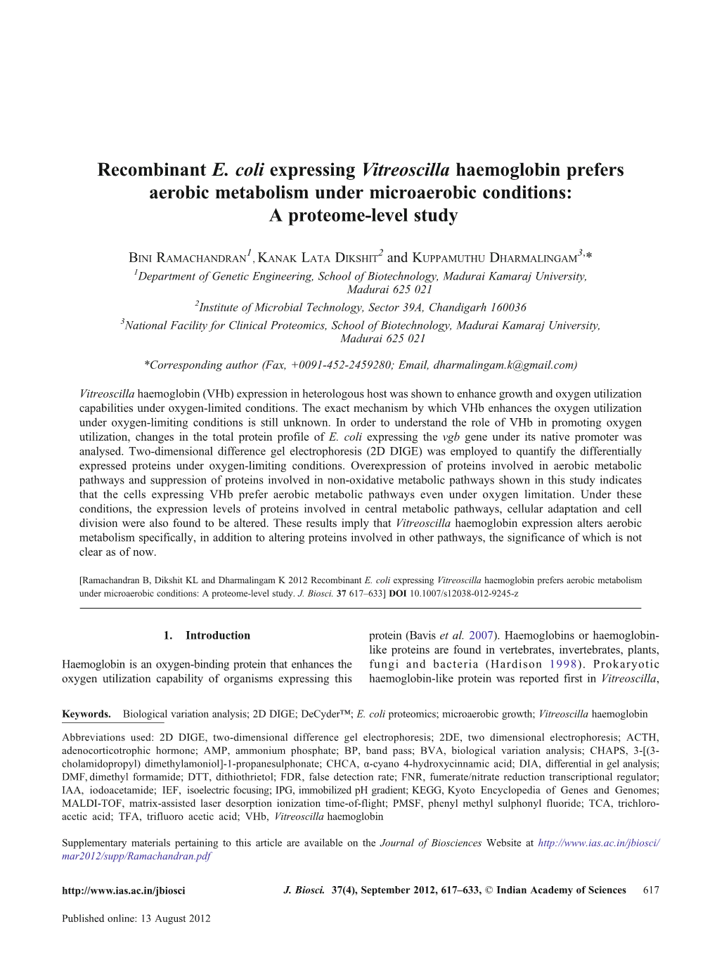 Recombinant E. Coli Expressing Vitreoscilla Haemoglobin Prefers Aerobic Metabolism Under Microaerobic Conditions: a Proteome-Level Study