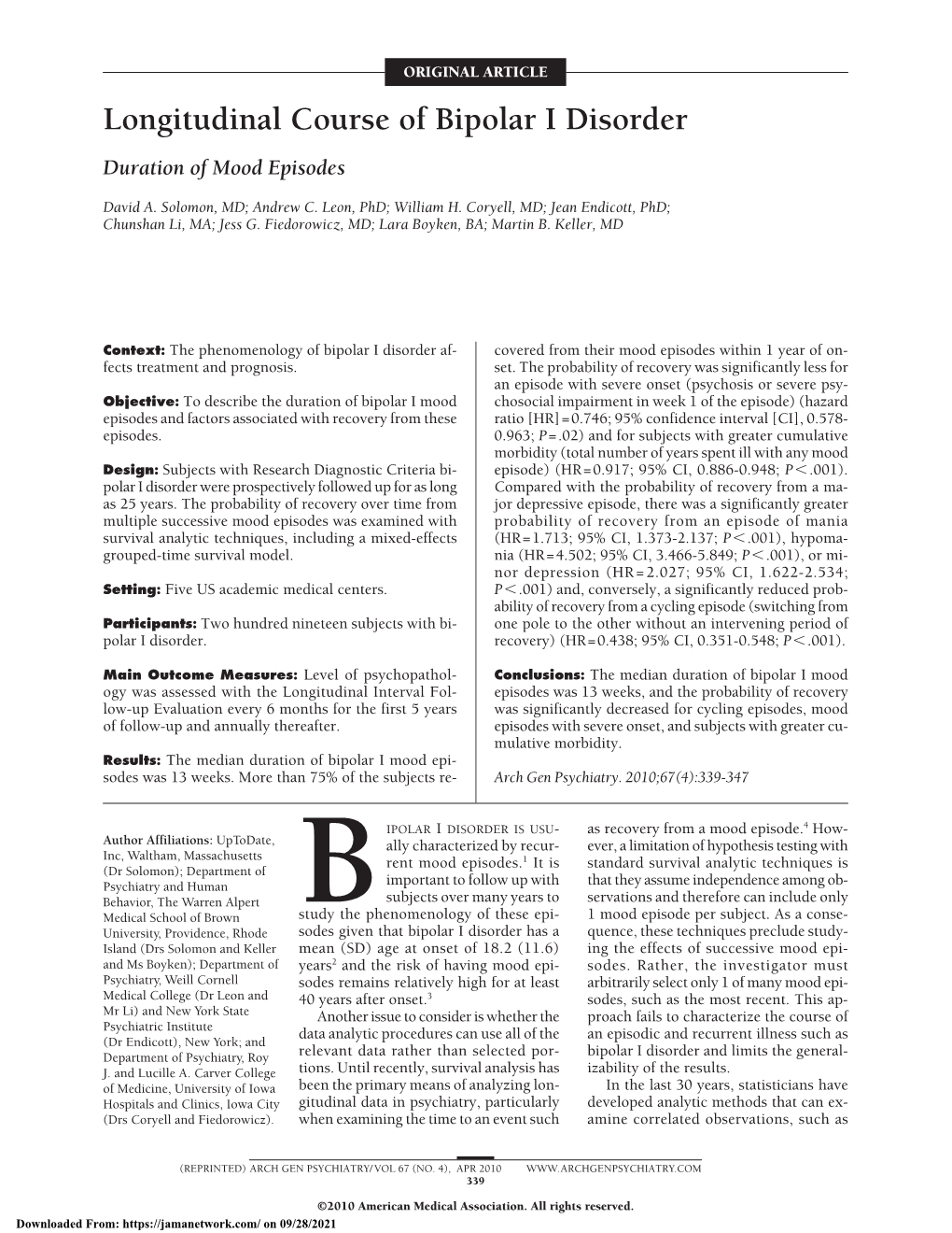 Longitudinal Course of Bipolar I Disorder Duration of Mood Episodes