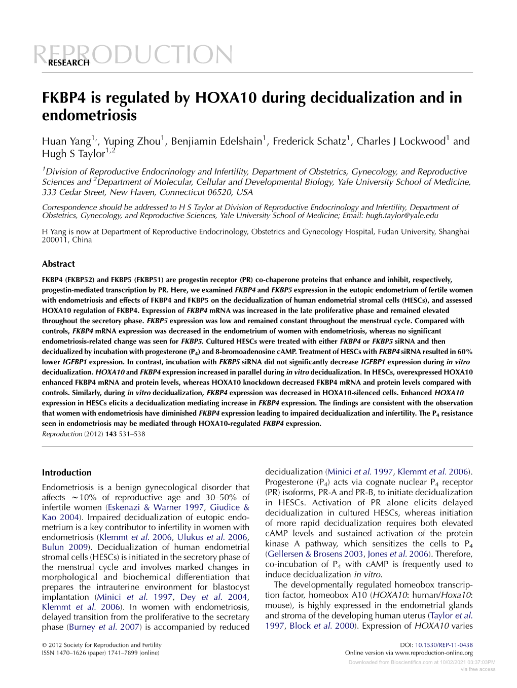FKBP4 Is Regulated by HOXA10 During Decidualization and in Endometriosis