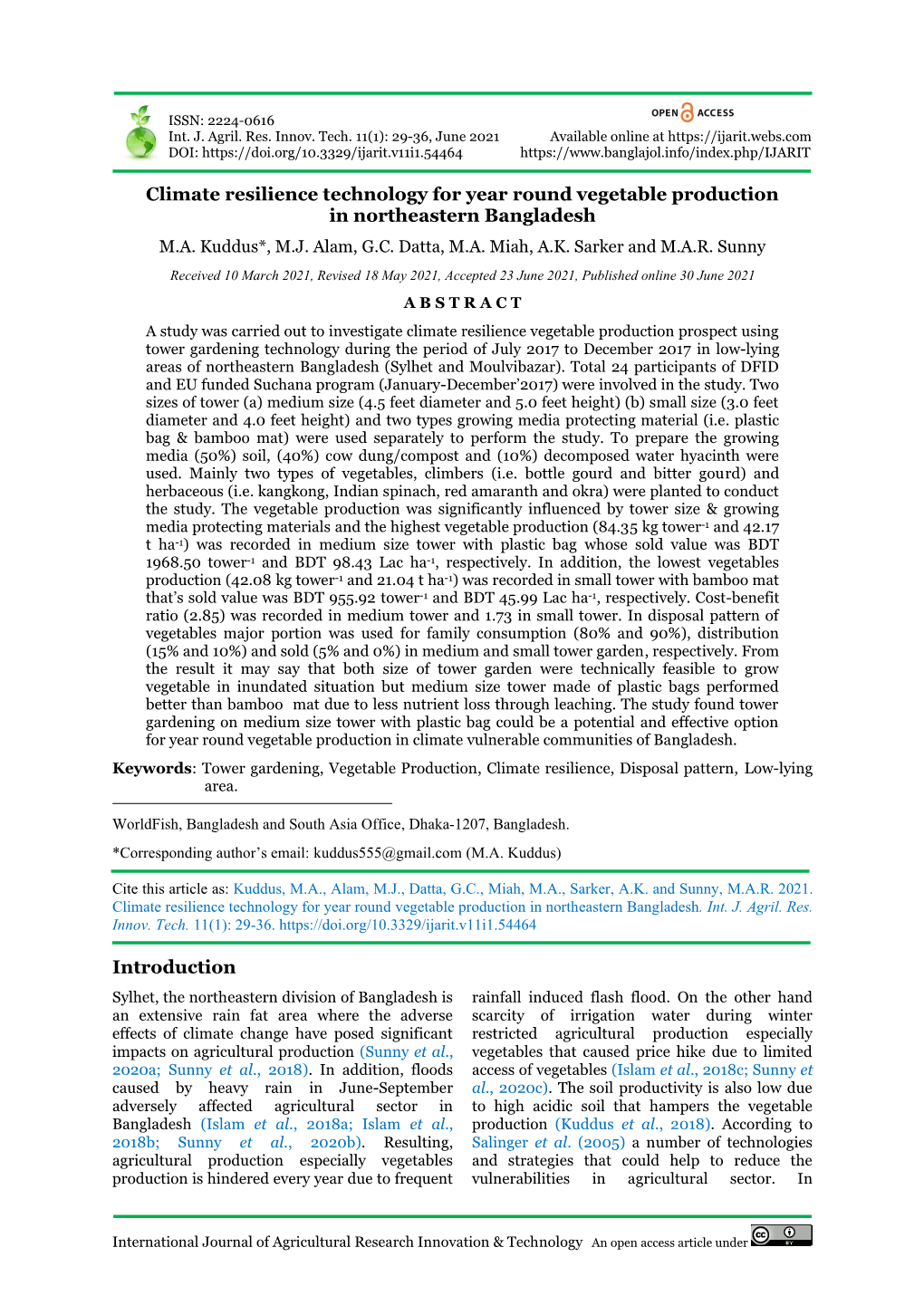 Climate Resilience Technology for Year Round Vegetable Production in Northeastern Bangladesh