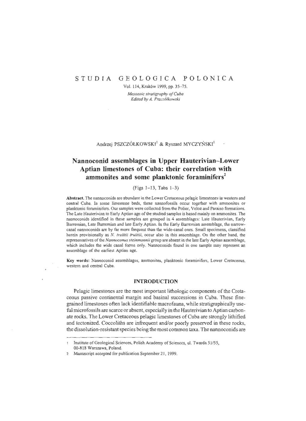 Nannoconid Assemblages in Upper Hauterivian-Lower Aptian Limestones of Cuba: Their Correlation with Ammonites and Some Planktonic Foraminifers2