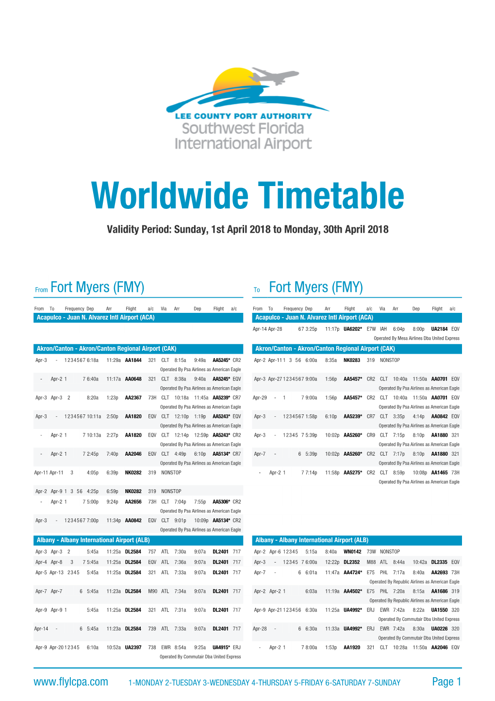 Worldwide Timetable Validity Period: Sunday, 1St April 2018 to Monday, 30Th April 2018