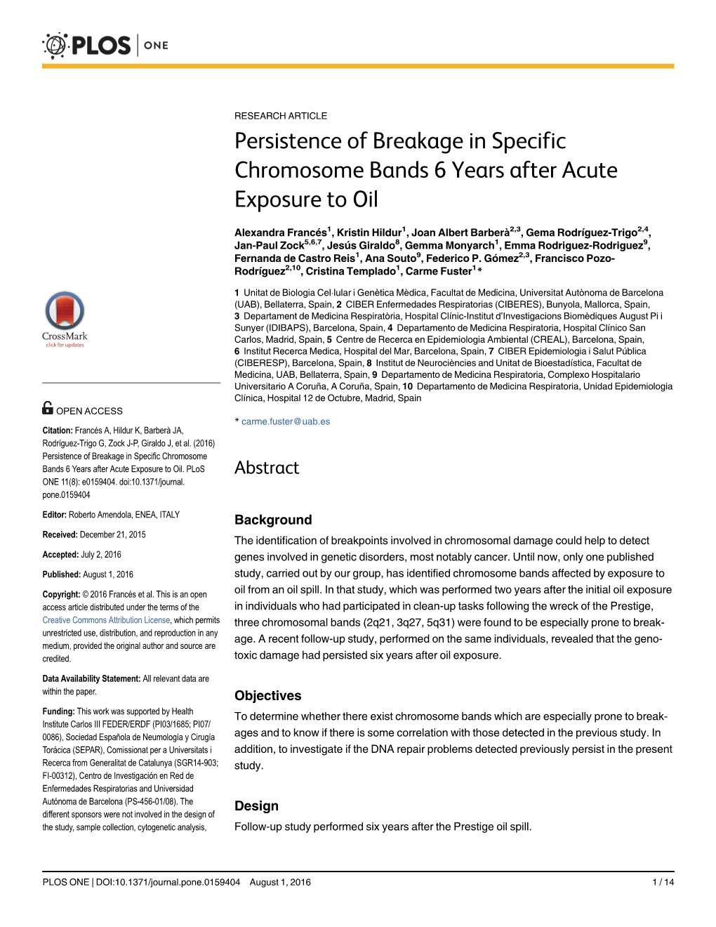 Persistence of Breakage in Specific Chromosome Bands 6 Years After Acute Exposure to Oil