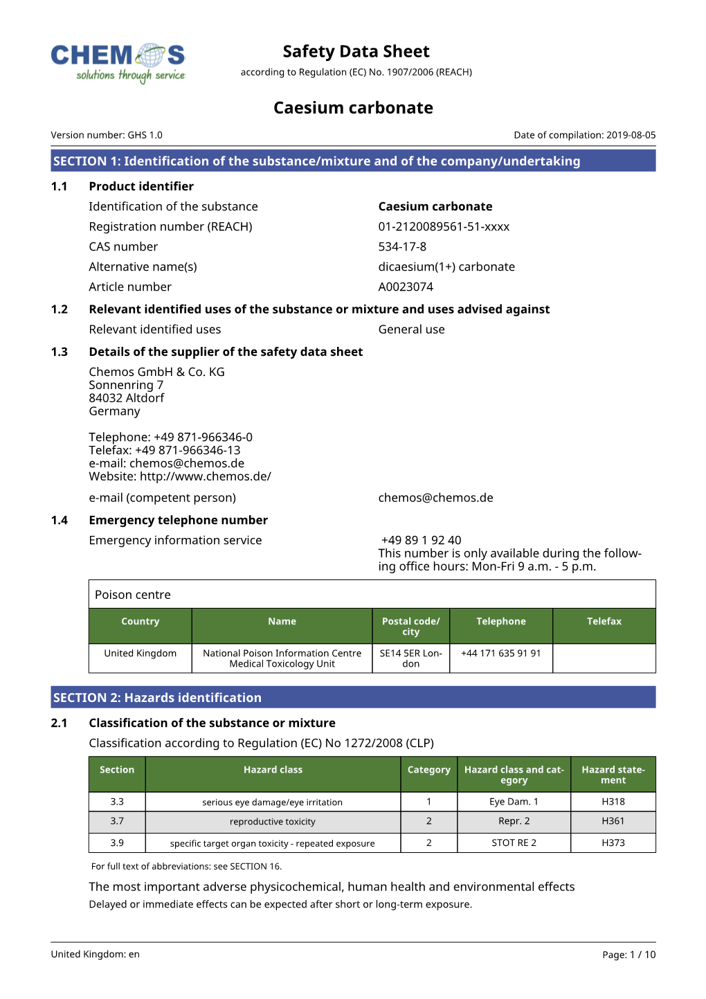 Safety Data Sheet: Caesium Carbonate