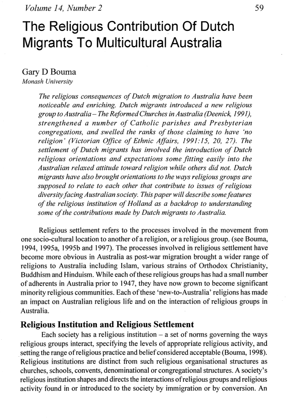 The Religious Contribution of Dutch Migrants to Multicultural Australia