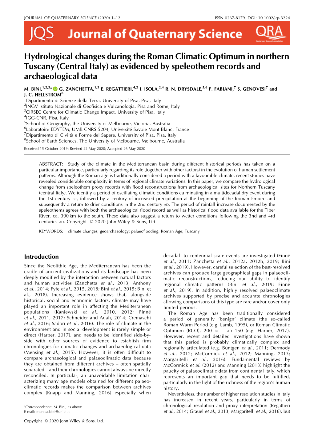 Hydrological Changes During the Roman Climatic Optimum in Northern Tuscany (Central Italy) As Evidenced by Speleothem Records and Archaeological Data