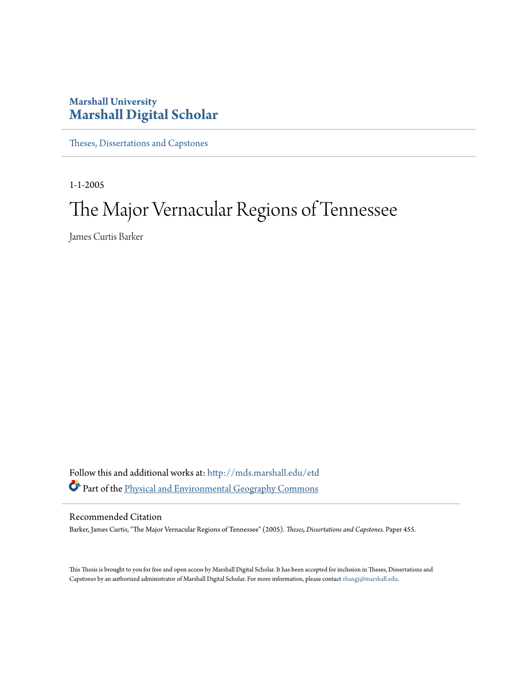 The Major Vernacular Regions of Tennessee