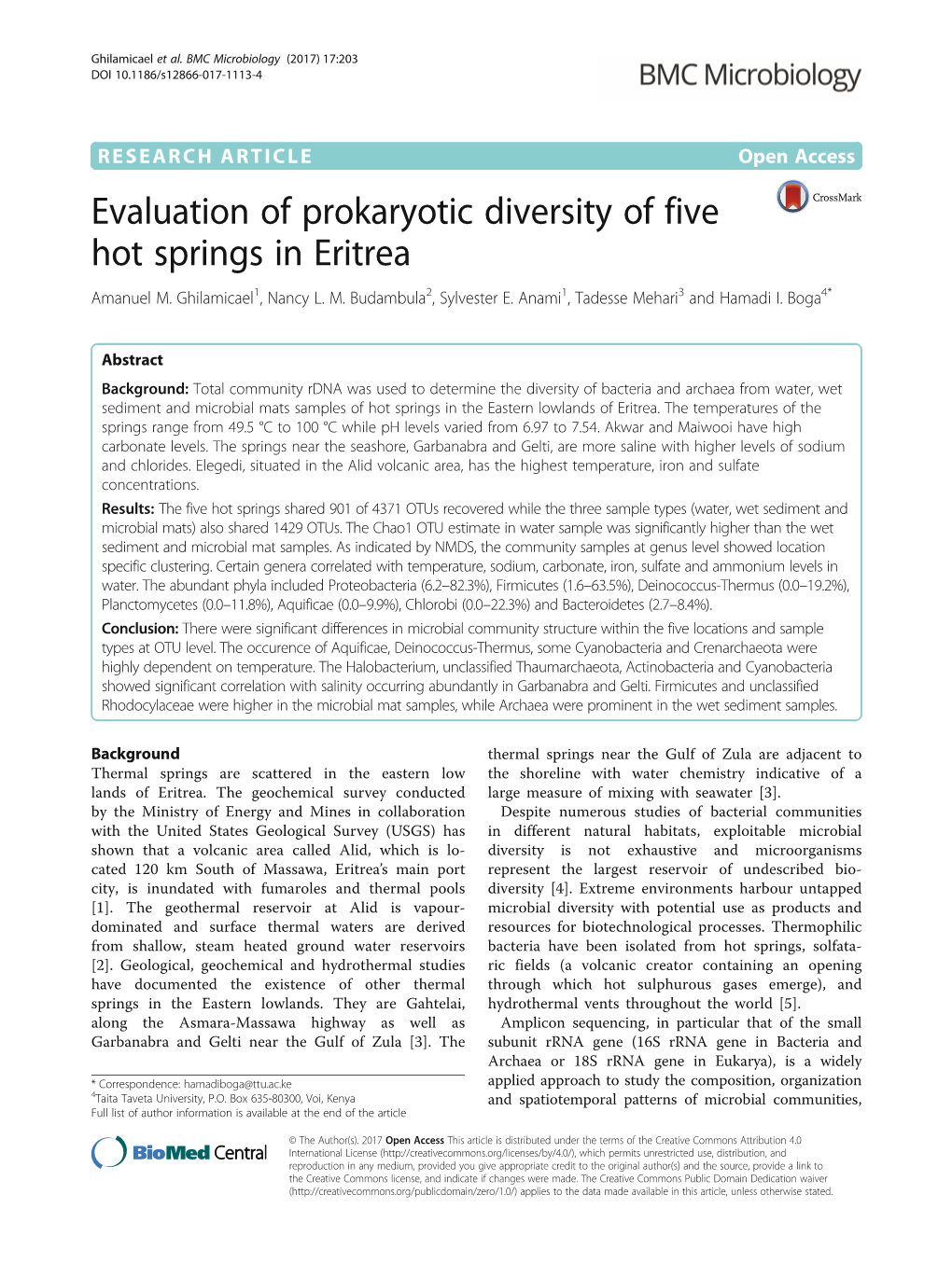 Evaluation of Prokaryotic Diversity of Five Hot Springs in Eritrea Amanuel M