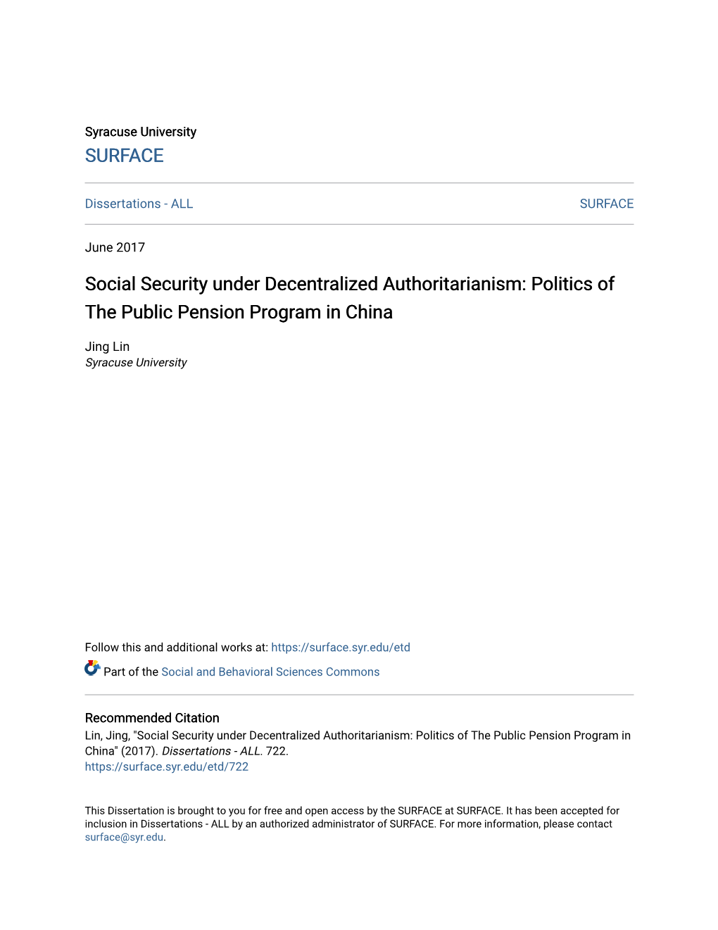 Social Security Under Decentralized Authoritarianism: Politics of the Public Pension Program in China