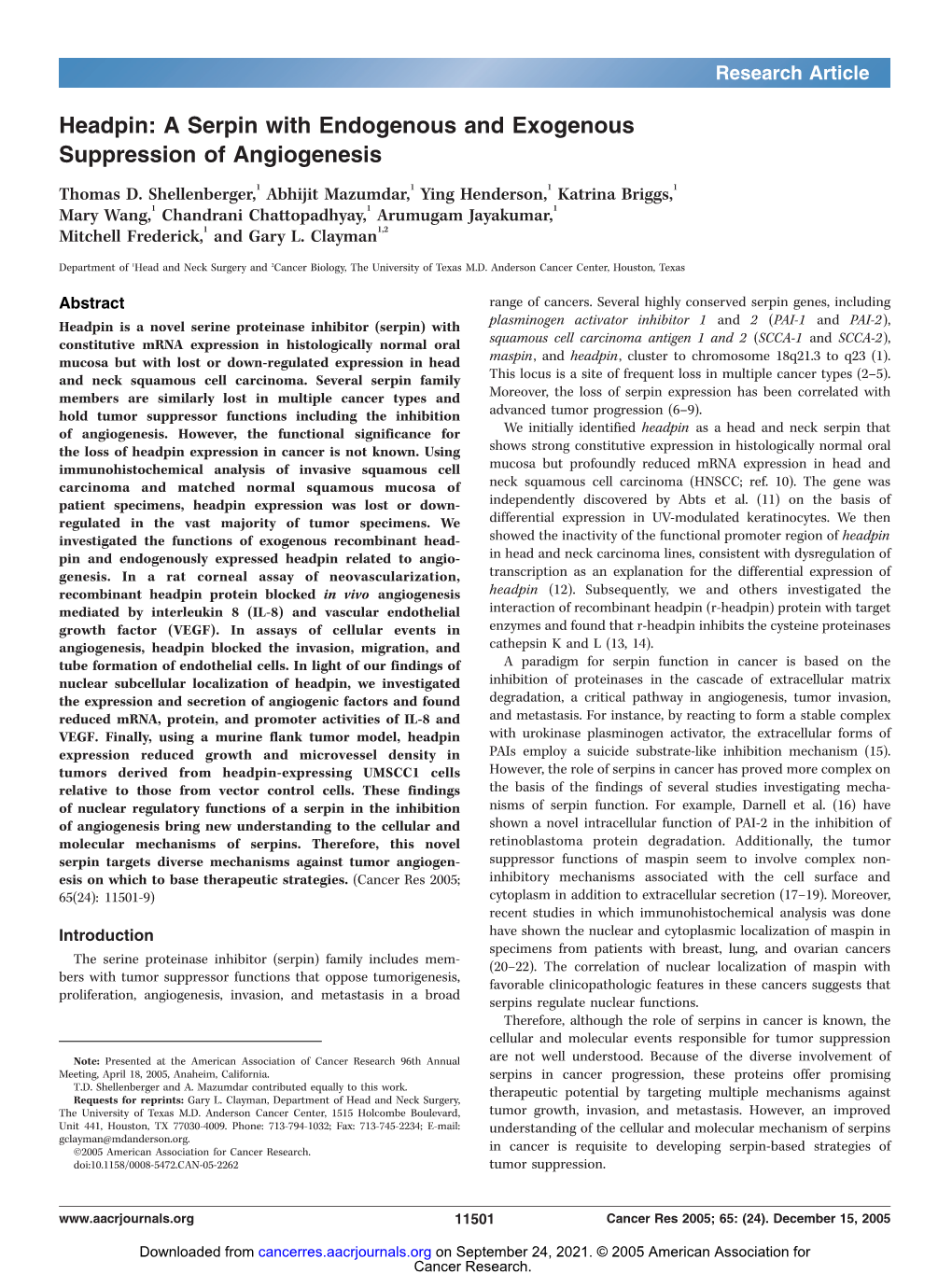 Headpin: a Serpin with Endogenous and Exogenous Suppression of Angiogenesis