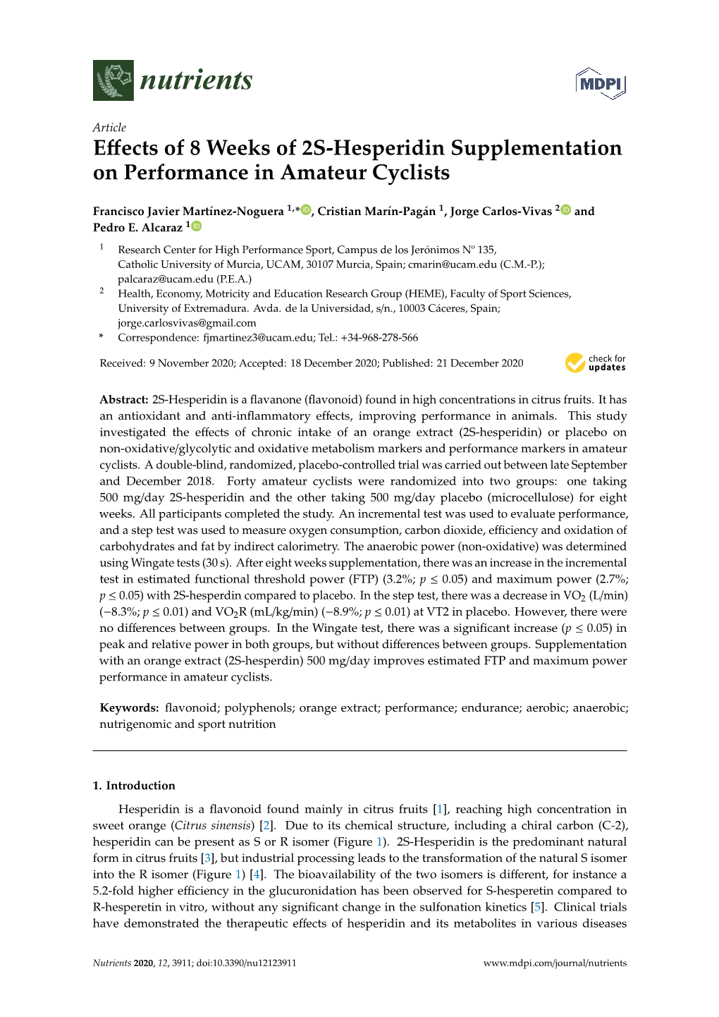 Effects of 8 Weeks of 2S-Hesperidin Supplementation on Performance