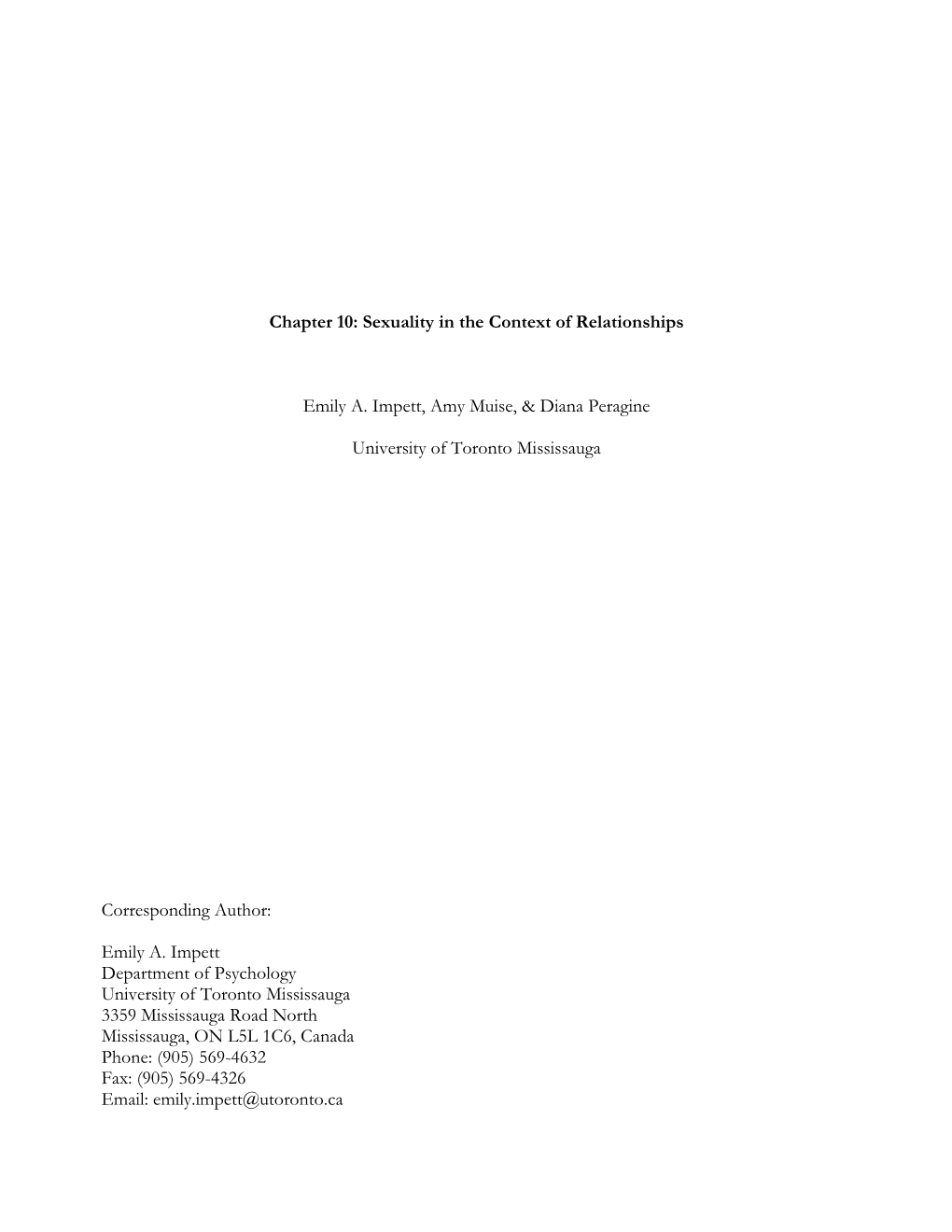 Chapter 10: Sexuality in the Context of Relationships Emily A. Impett, Amy