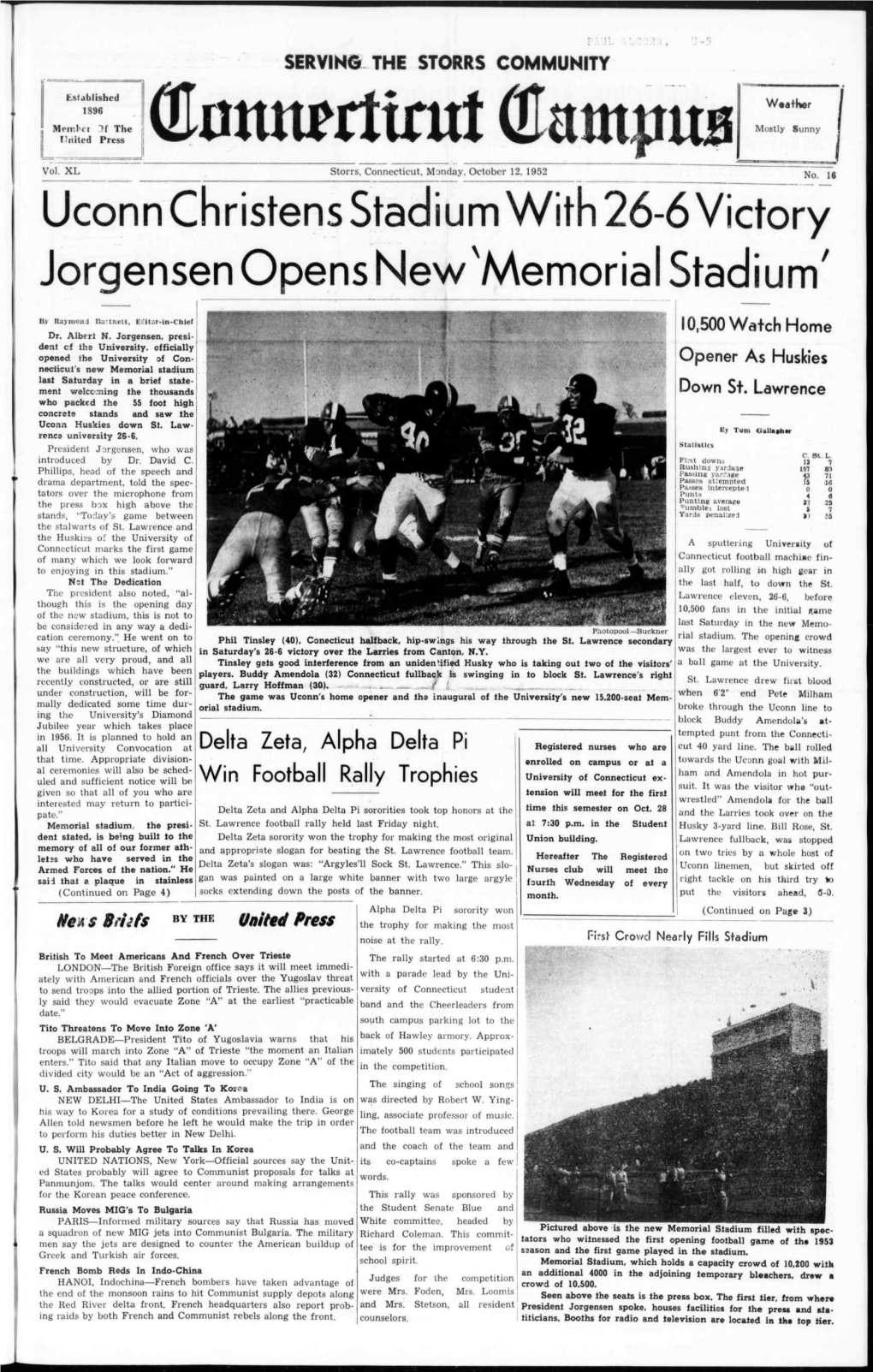 Uconn Christens Stadium with 26-6 Victory Jorgensen Opens New'memorial Stadium'