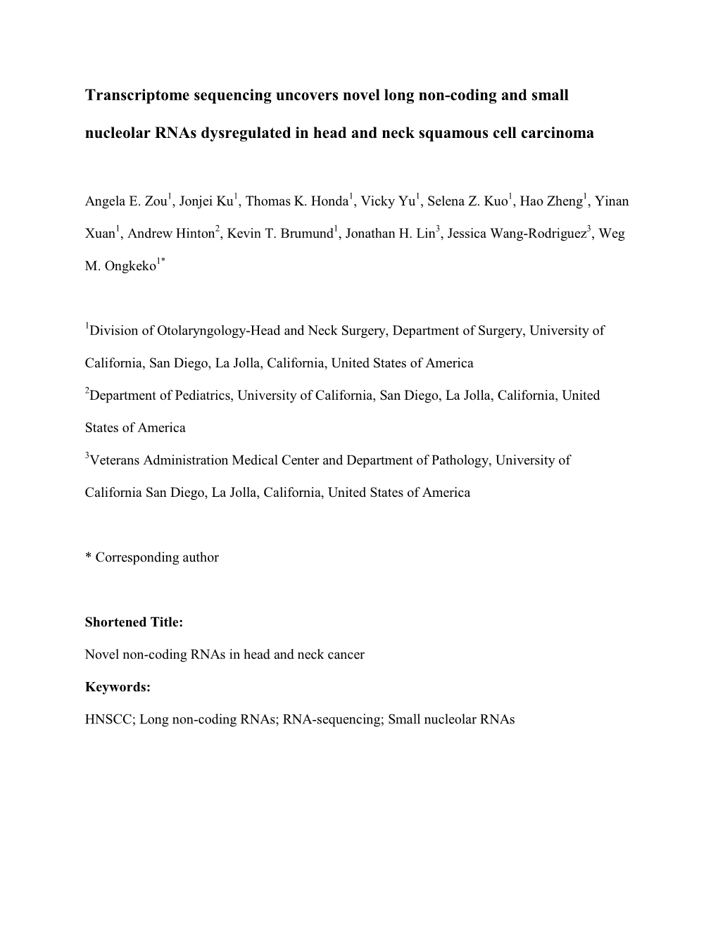 Transcriptome Sequencing Uncovers Novel Long Non-Coding and Small Nucleolar Rnas Dysregulated in Head and Neck Squamous Cell Carcinoma