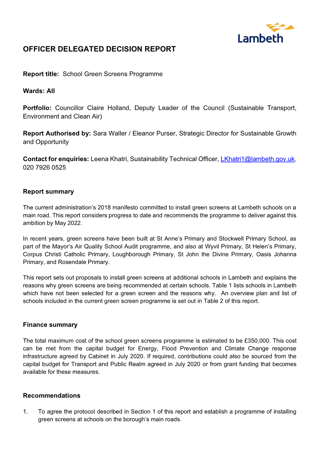 GW1 Green Screens Programme PDF 251 KB