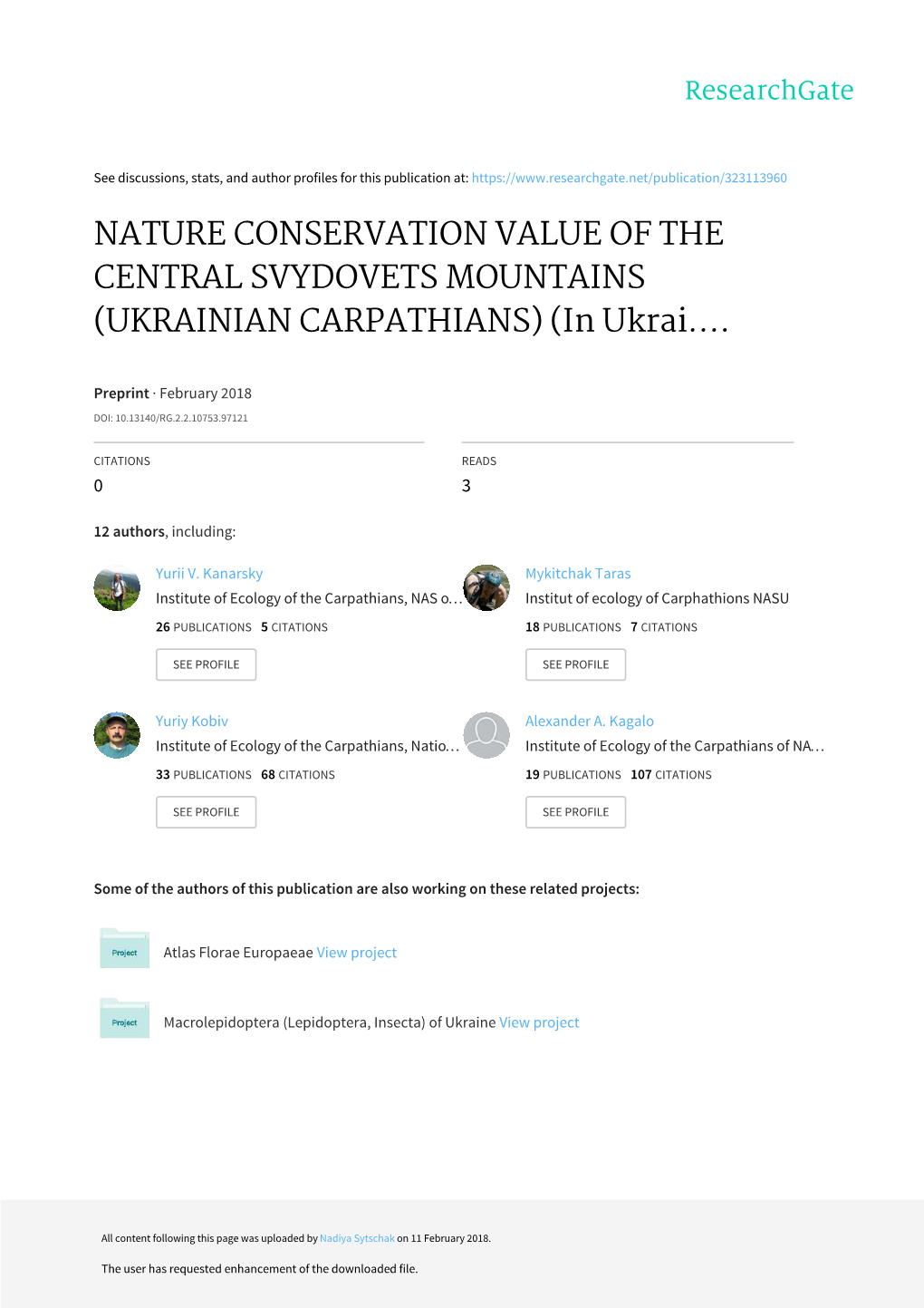 NATURE CONSERVATION VALUE of the CENTRAL SVYDOVETS MOUNTAINS (UKRAINIAN CARPATHIANS) (In Ukrai