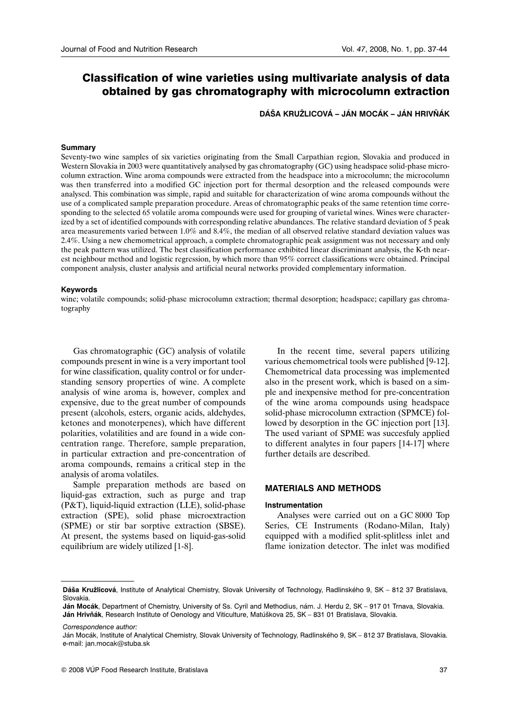 Classification of Wine Varieties Using Multivariate Analysis of Data Obtained by Gas Chromatography with Microcolumn Extraction