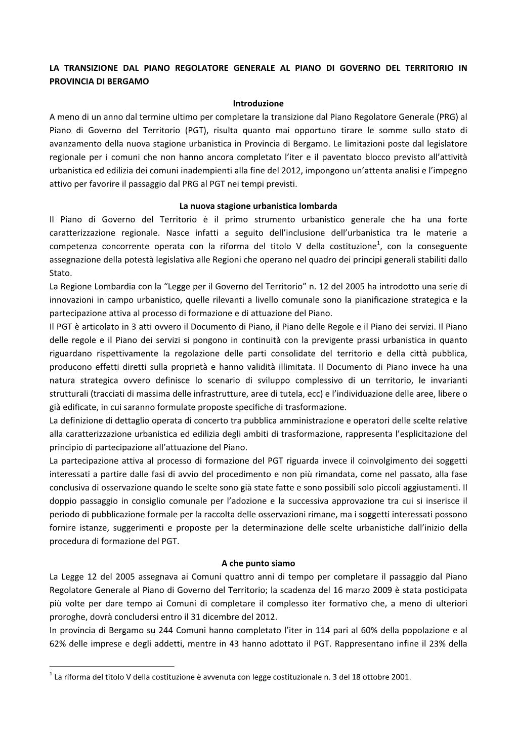 La Transizione Dal Piano Regolatore Generale Al Piano Di Governo Del Territorio in Provincia Di Bergamo