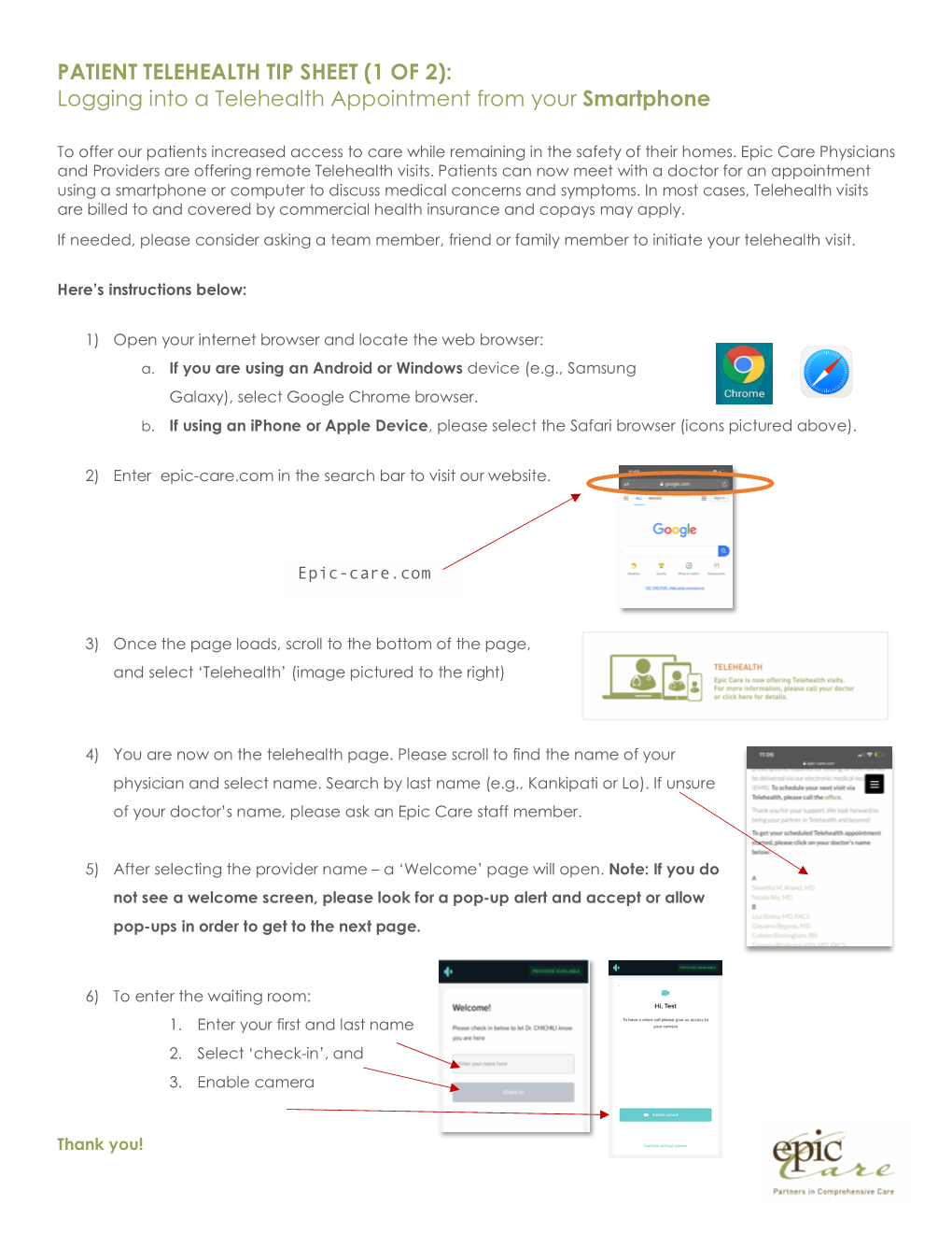 PATIENT TELEHEALTH TIP SHEET (1 of 2): Logging Into a Telehealth Appointment from Your Smartphone