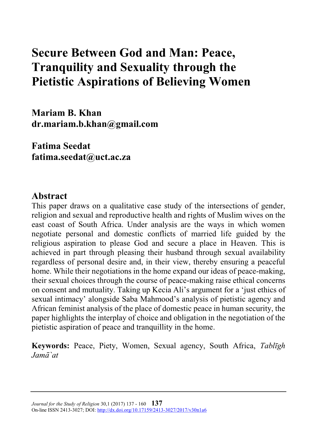 Secure Between God and Man: Peace, Tranquility and Sexuality Through the Pietistic Aspirations of Believing Women