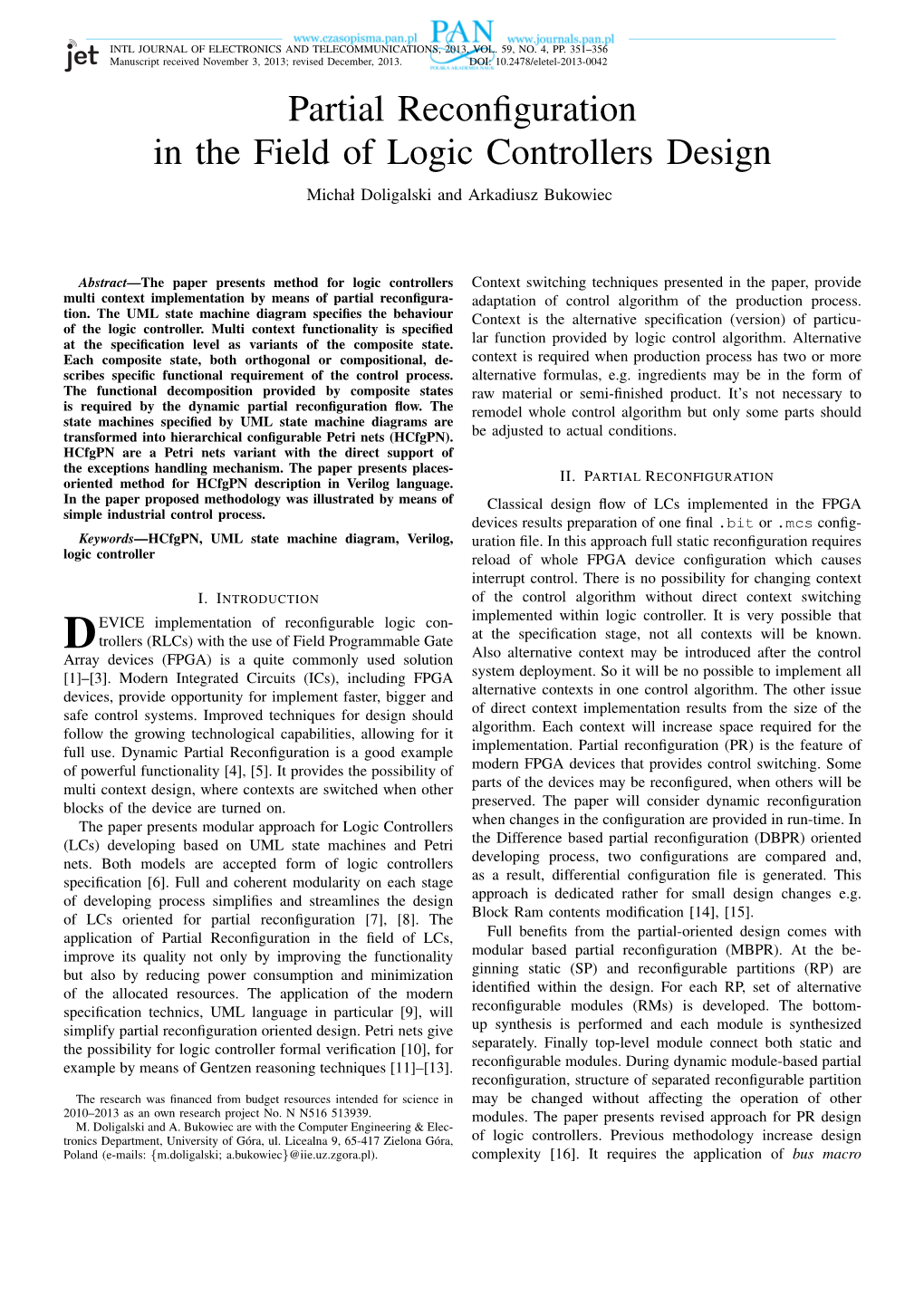 Partial Reconfiguration in the Field of Logic Controllers Design 353