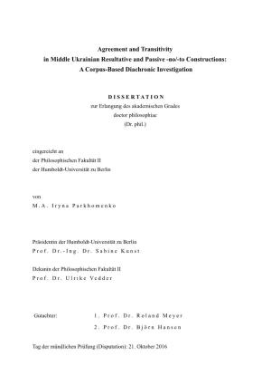 Agreement and Transitivity in Middle Ukrainian Resultative and Passive -No/-To Constructions: a Corpus-Based Diachronic Investigation