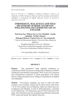 Indonesian, Malaysian and Thai Secondary School Students' Willingness to Communicate in English