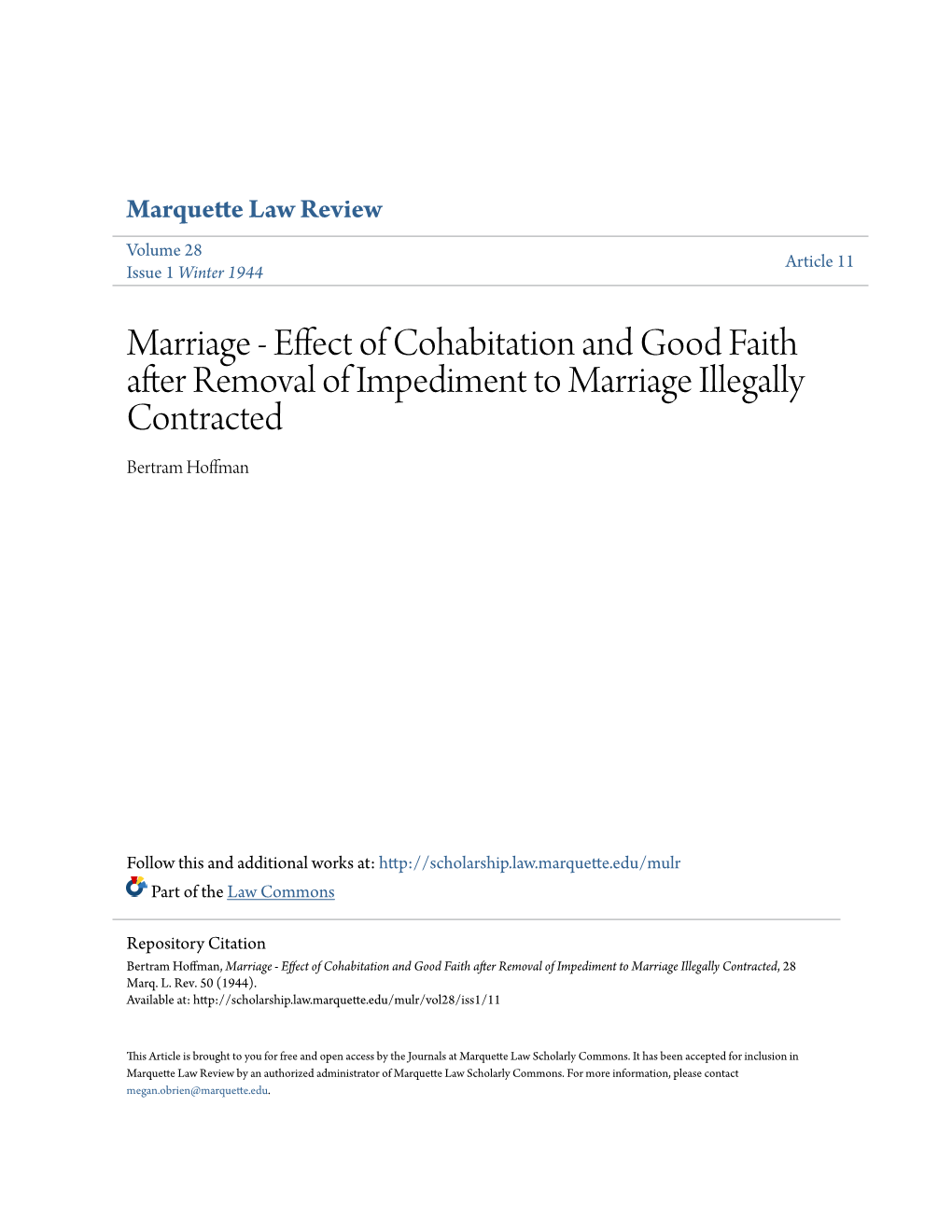 Marriage - Effect of Cohabitation and Good Faith After Removal of Impediment to Marriage Illegally Contracted Bertram Hoffman