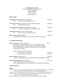 Jonathan Klawans, Ph.D. Professor of Religion, Boston University 145 Bay State Road Boston, MA 02215 (617) 353-4432 Jklawans@Bu.Edu