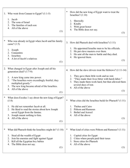 1. Who Went from Canaan to Egypt? (1:1-5) 1. Jacob 2. the Sons of Israel 3. the Families of Each Son 4. All of the Above (1)