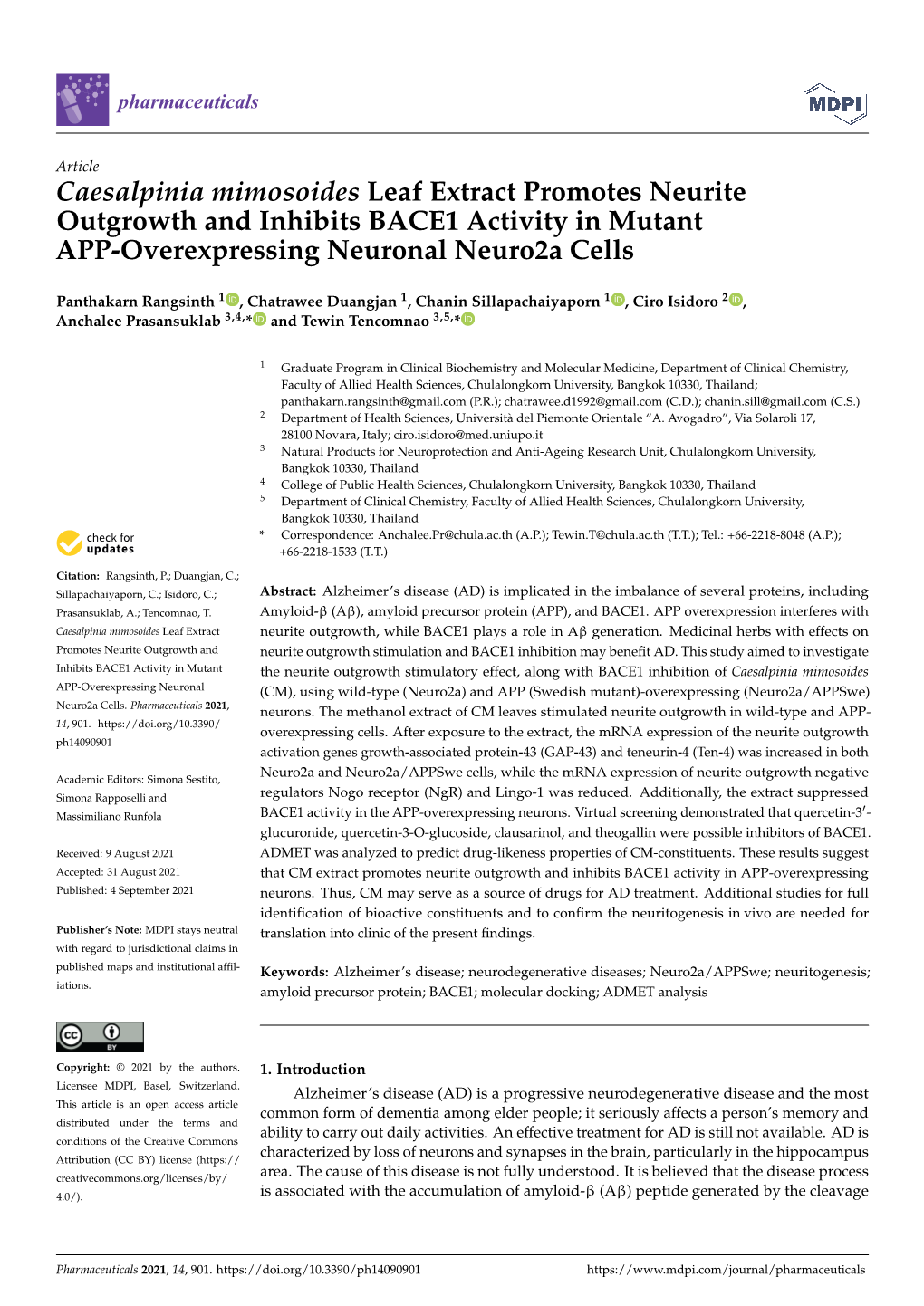 Caesalpinia Mimosoides Leaf Extract Promotes Neurite Outgrowth and Inhibits BACE1 Activity in Mutant APP-Overexpressing Neuronal Neuro2a Cells