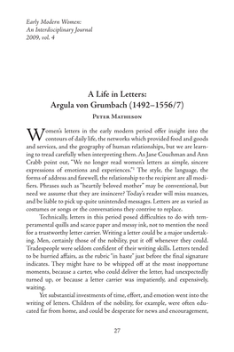A Life in Letters: Argula Von Grumbach (1492–1556/7) Peter Matheson