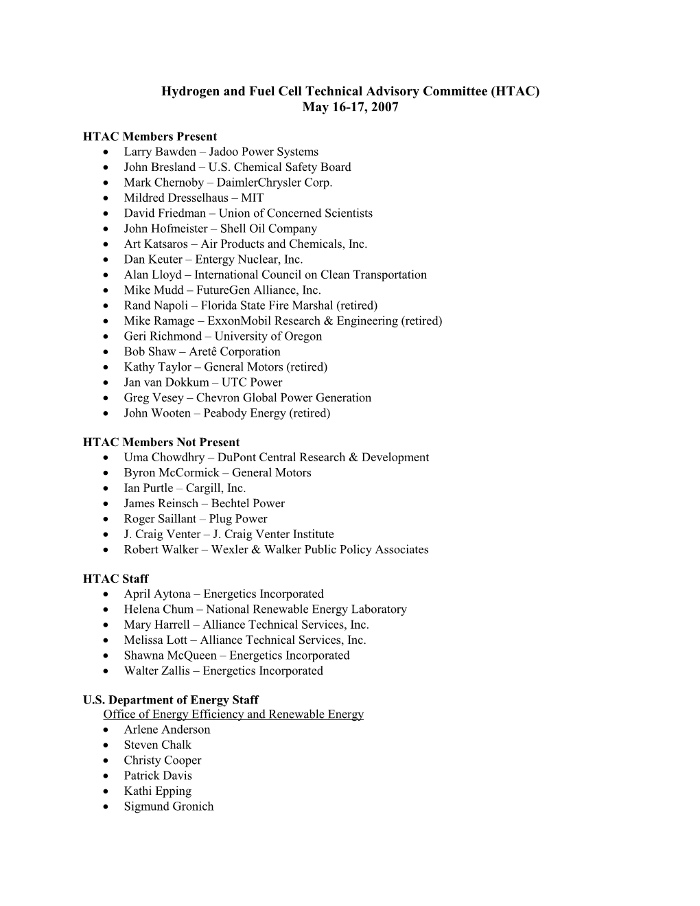 Hydrogen and Fuel Cell Technical Advisory Committee Attendees