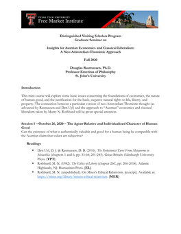 Distinguished Visiting Scholars Program Graduate Seminar on Insights for Austrian Economics and Classical Liberalism: a Neo-Ar