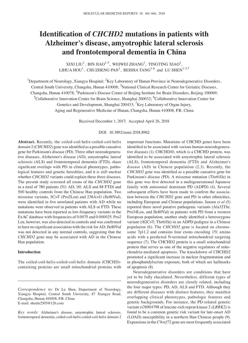 Identification of CHCHD2 Mutations in Patients with Alzheimer's Disease, Amyotrophic Lateral Sclerosis and Frontotemporal Dementia in China