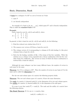 Basis, Dimension, Rank