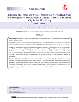 Toluidine Blue Stain and Crystal Violet Stain Versus H&E Stain in the Diagnosis of Hirschsprung’S Disease : a Study in Sulaimani City in Kurdistan/Iraq Hadeel A