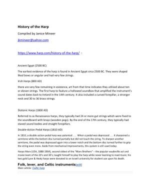 History of the Harp Compiled by Janice Mineer Jkmineer@Yahoo.Com