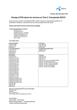 Change of PID Values for Services on Thor 5, Transponder BSS37