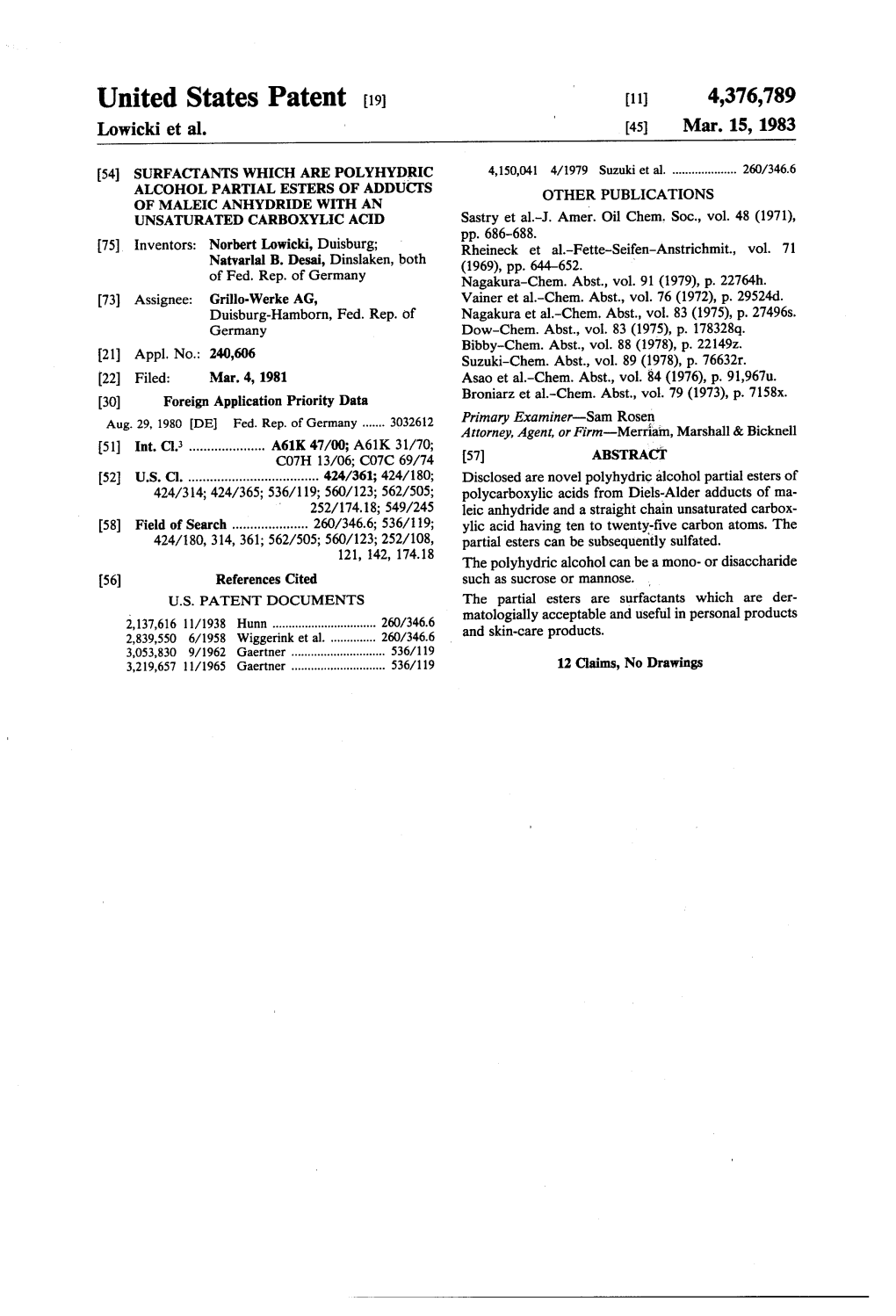 United States Patent (19) 11 4,376,789 Lowicki Et Al