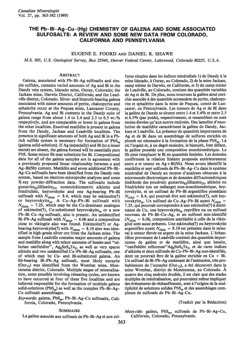 Chemistry of Galena and Some Associated Sulfosalts