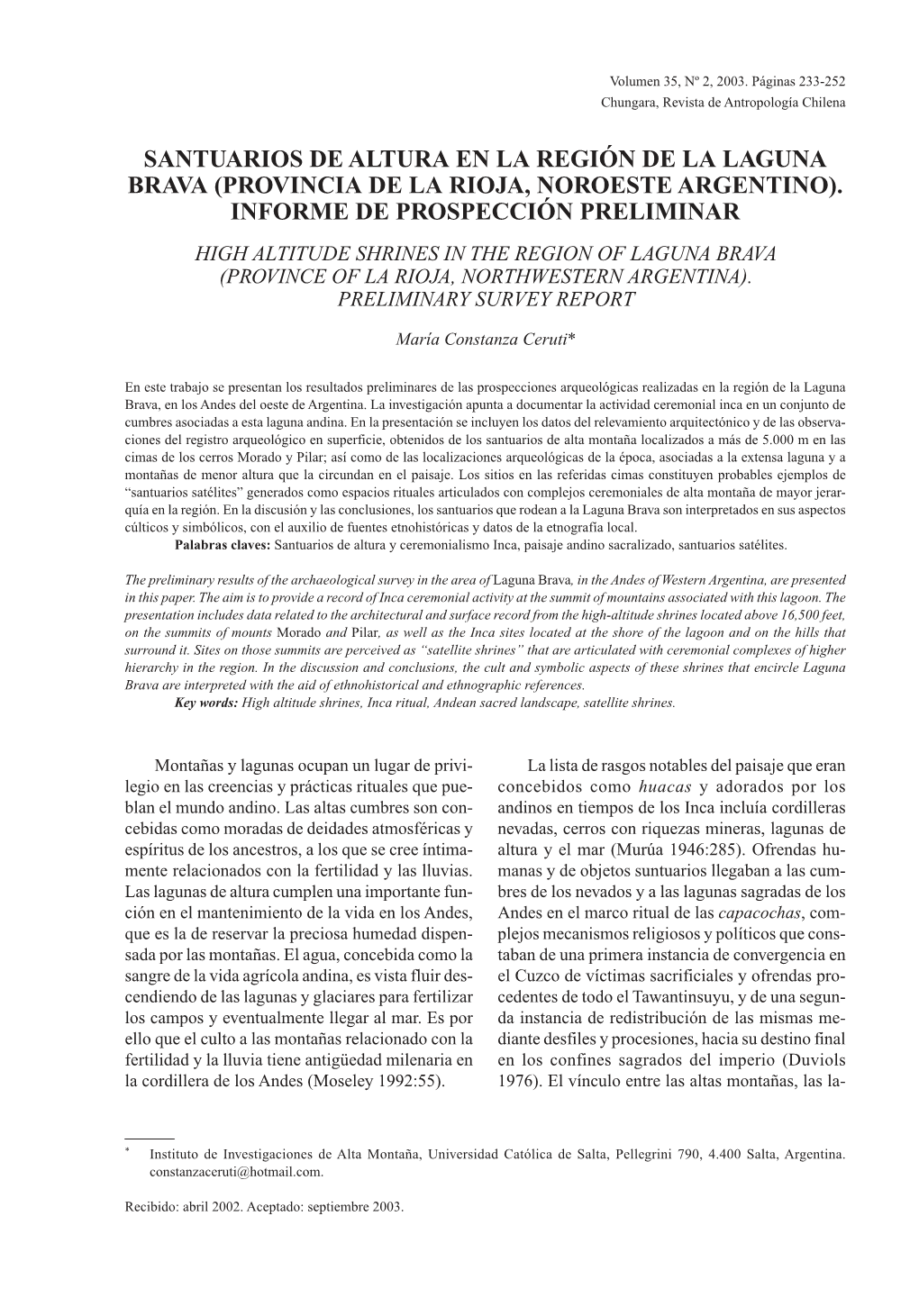 Santuarios De Altura En La Región De La Laguna Brava…Volumen 35, Nº 2, 2003