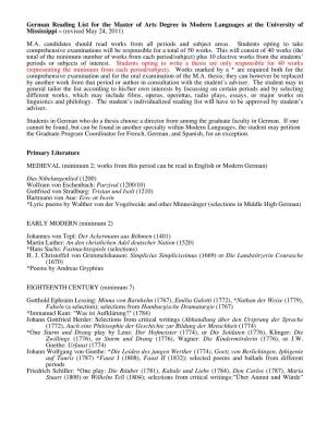 German Reading List for the Master of Arts Degree in Modern Languages at the University of Mississippi – (Revised May 24, 2011)
