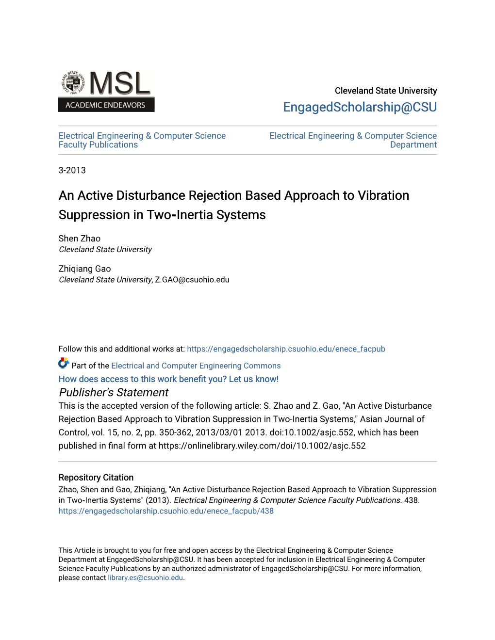 An Active Disturbance Rejection Based Approach to Vibration Suppression in Two‐Inertia Systems