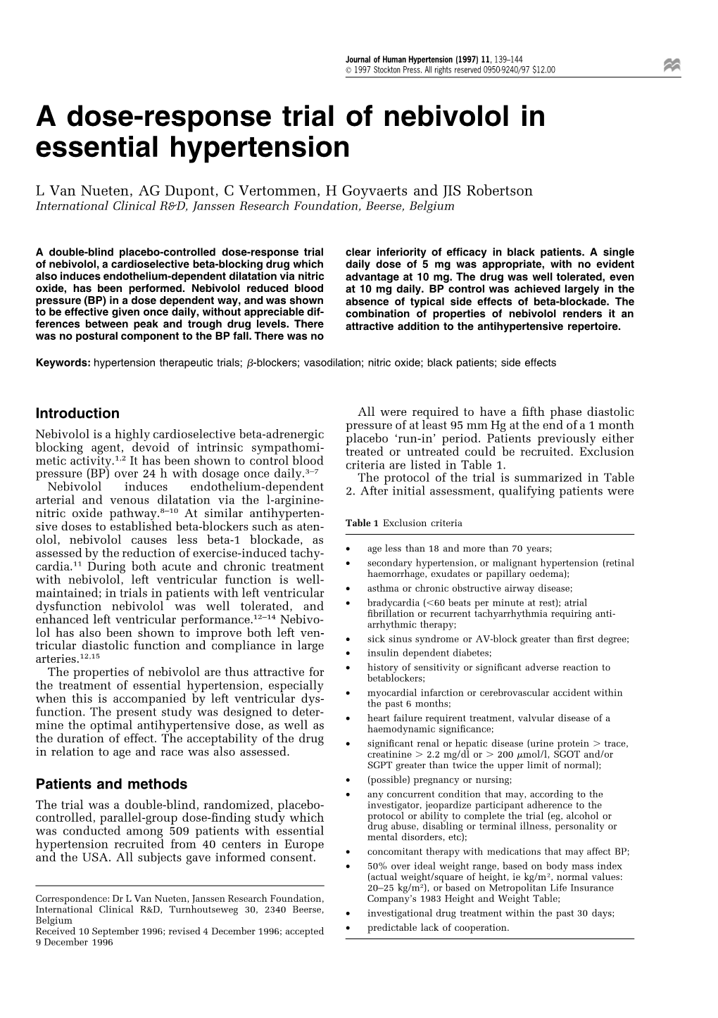 A Dose-Response Trial of Nebivolol in Essential Hypertension