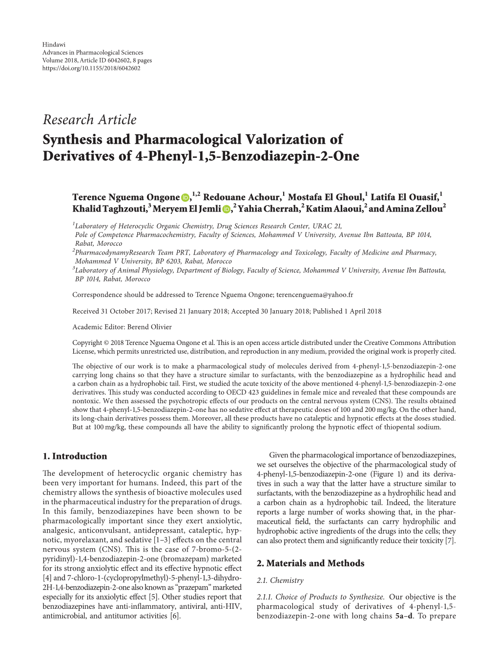 Research Article Synthesis and Pharmacological Valorization of Derivatives of 4-Phenyl-1,5-Benzodiazepin-2-One