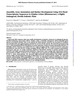 Assembly, Gene Annotation and Marker Development Using 454 Floral Transcriptome Sequences in Ziziphus Celata (Rhamnaceae), a Highly Endangered, Florida Endemic Plant